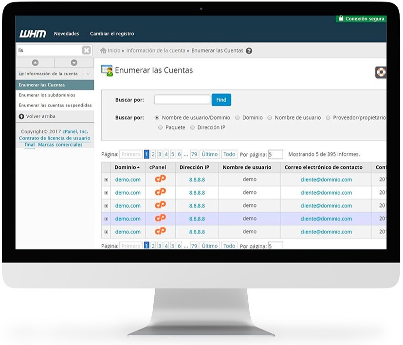 Listado y Administración de Cpanel